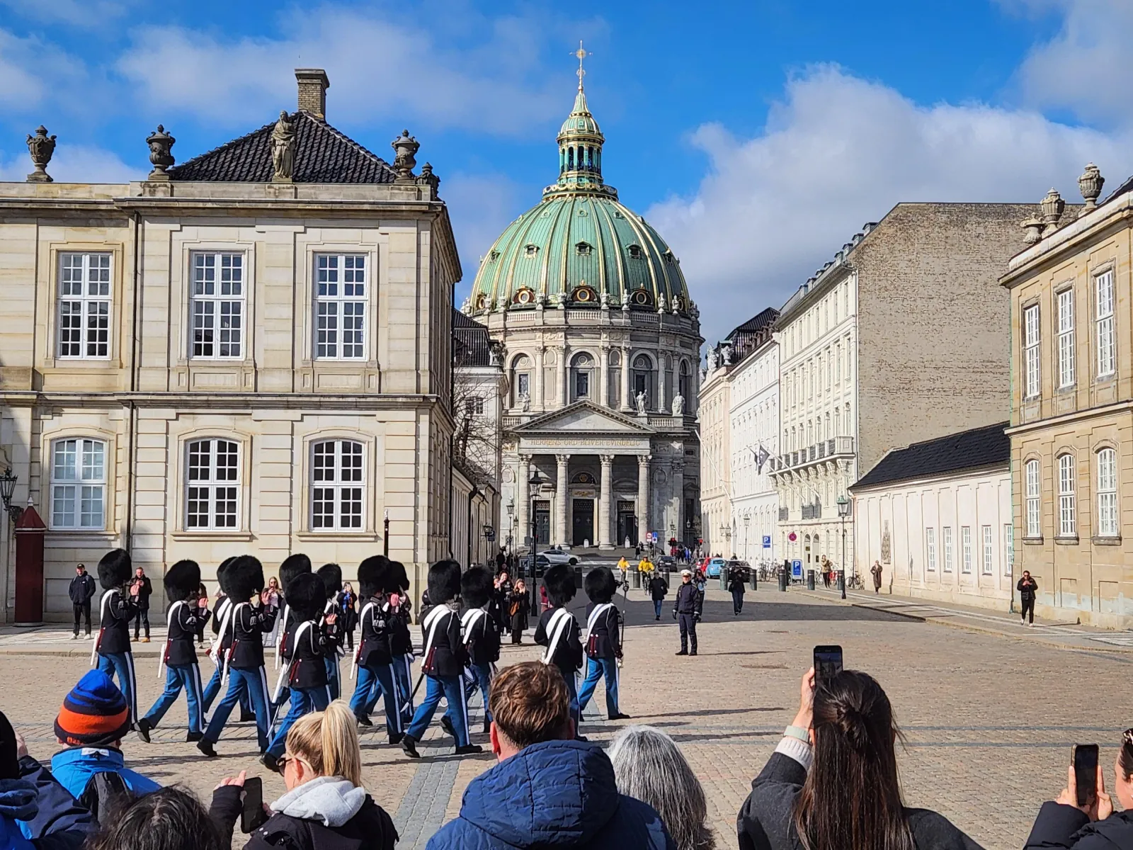 The guard marching at Amalienborg with Frederik's Church behind