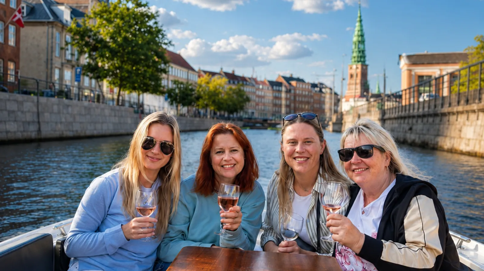 Guests with drinks on the boat by Christianshavn