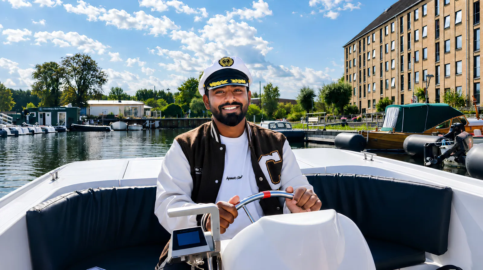 The guide at the helm in a captain's cap