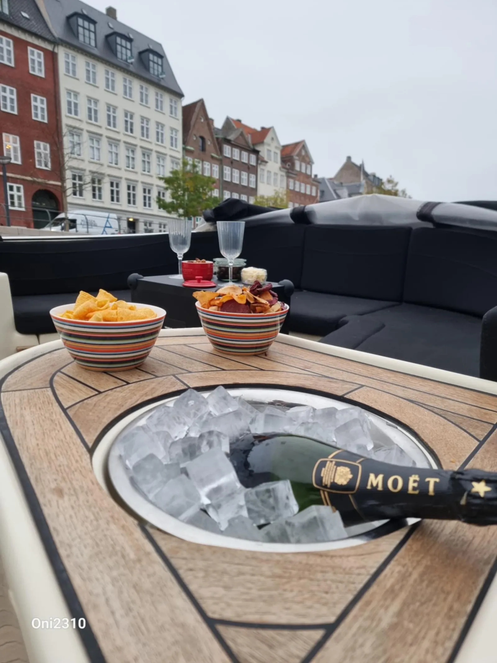 A bottle chilling in the private boat's table cooler