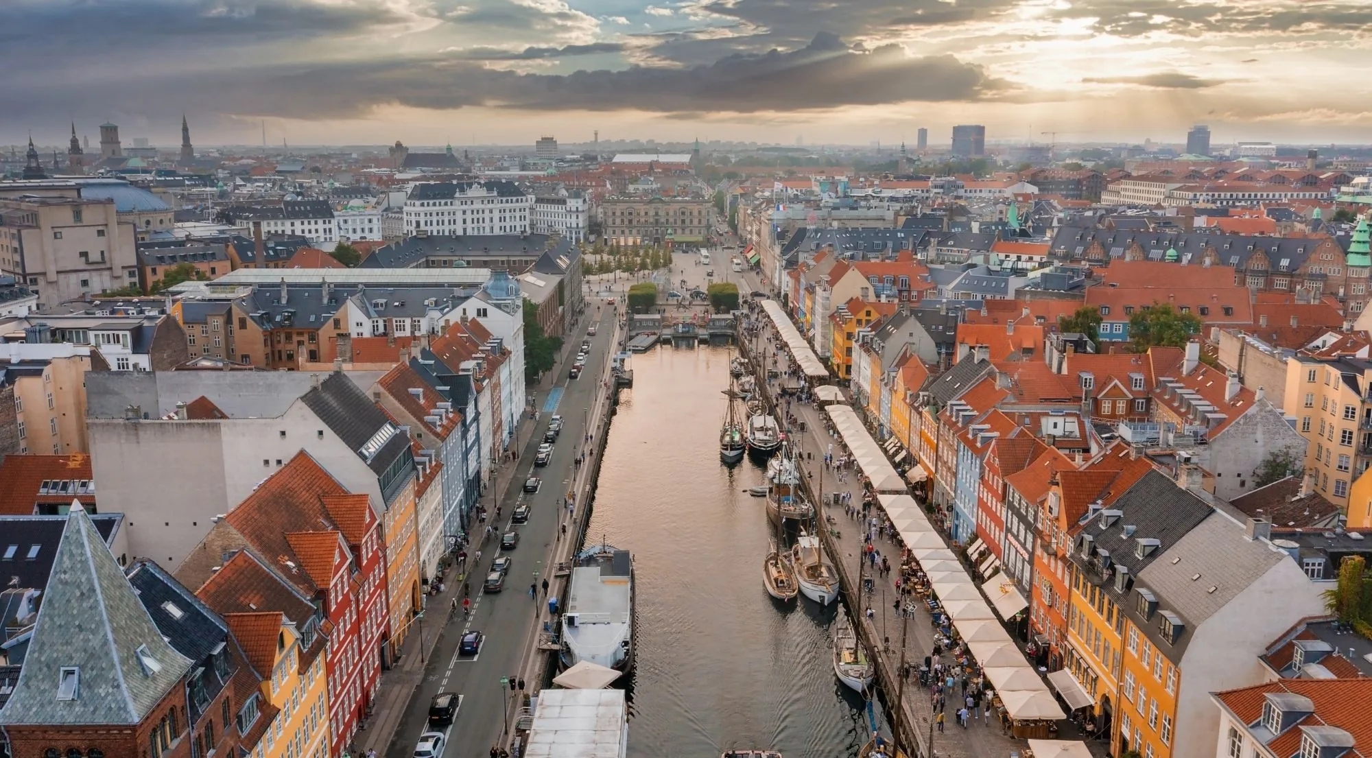 Nyhavn canal and the red rooftops of Copenhagen seen from above
